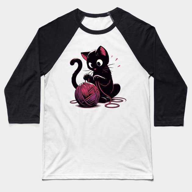 Cat and knitting kawaii cat with yarn ball Baseball T-Shirt by TomFrontierArt